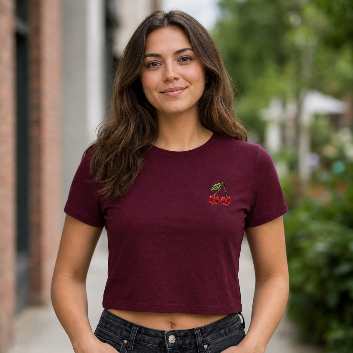 Embroidered Cherry Skulls Crop Tee | Baby Tee