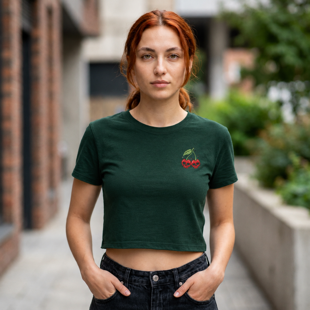 Embroidered Cherry Skulls Crop Tee | Baby Tee