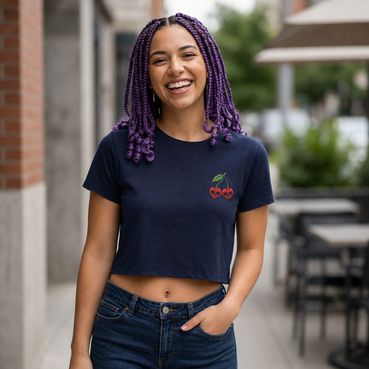 Embroidered Cherry Skulls Crop Tee | Baby Tee