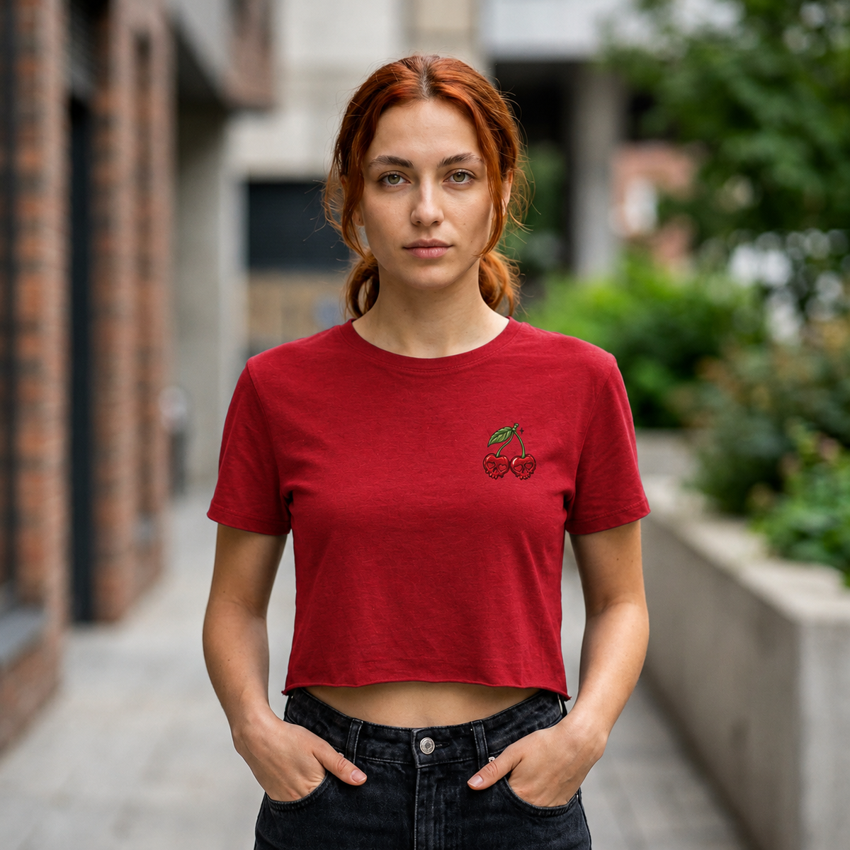 Embroidered Cherry Skulls Crop Tee | Baby Tee