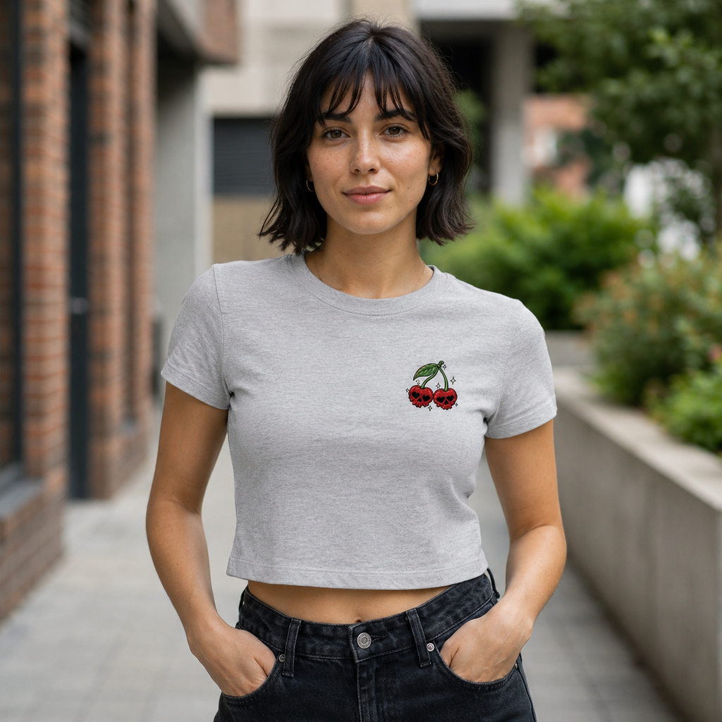 Embroidered Cherry Skulls Crop Tee | Baby Tee