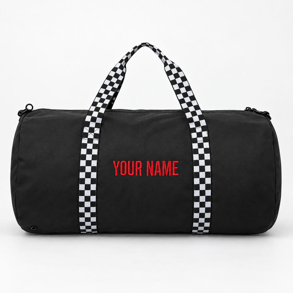 Personalized Checker-Handle Duffel Bag – 29L Gym & Weekend Bag – Black / Checker Strap