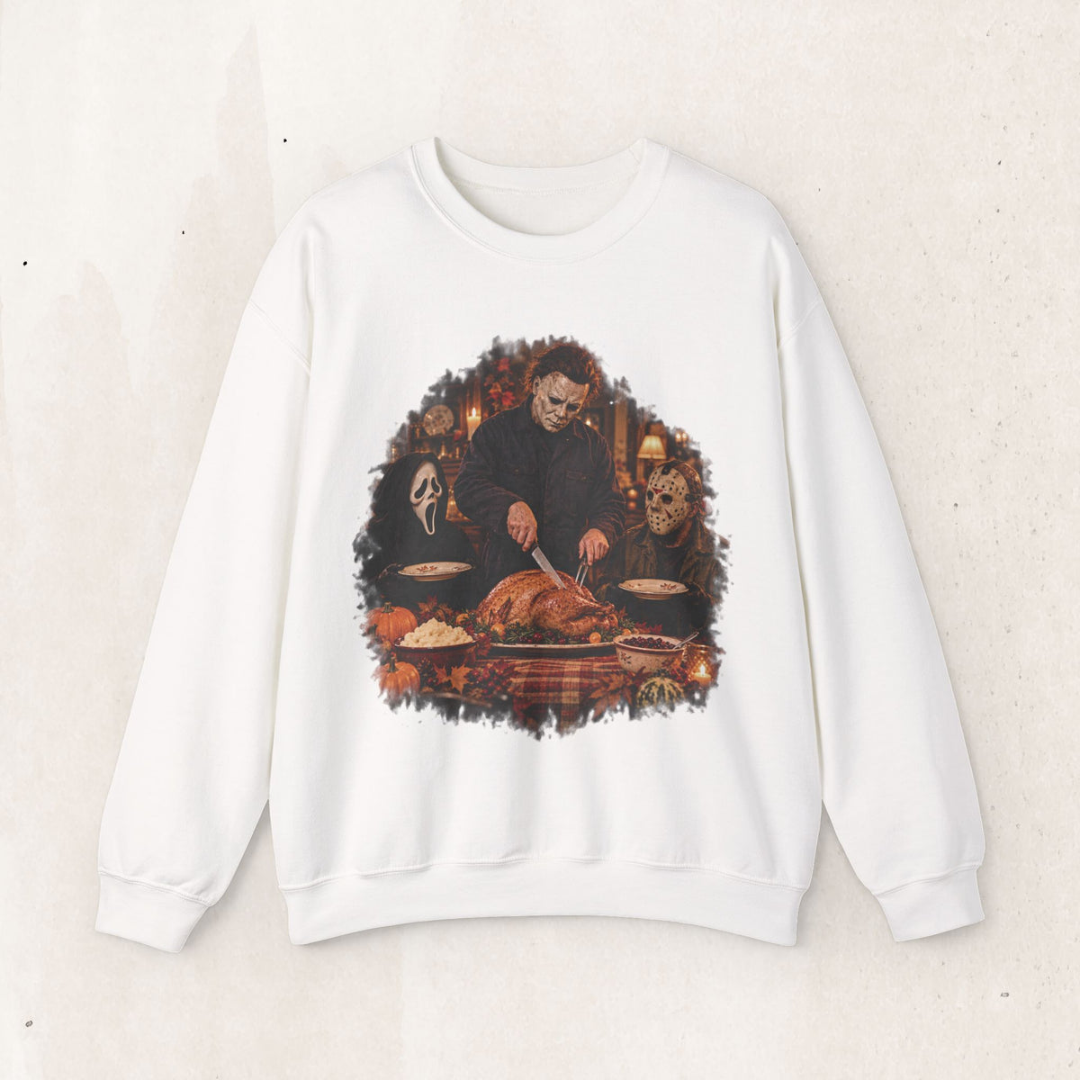 Michael Myers, Ghostface and Jason Thanksgiving sweatshirt in White, front view