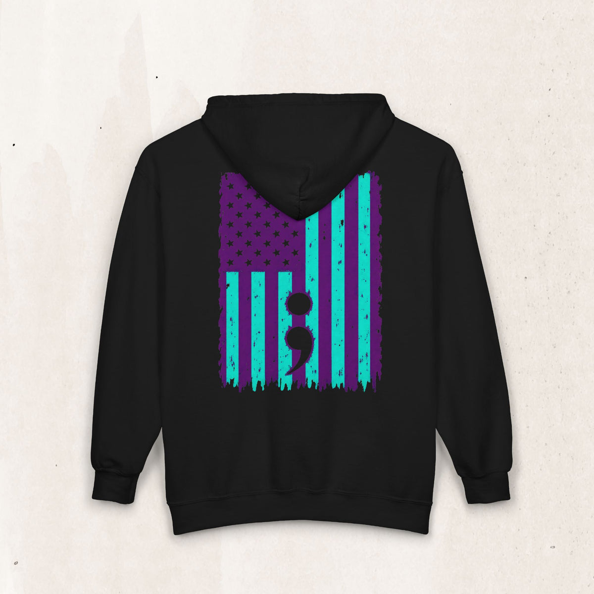 Purple and teal flag semicolon suicide awareness zip up hoodie in black