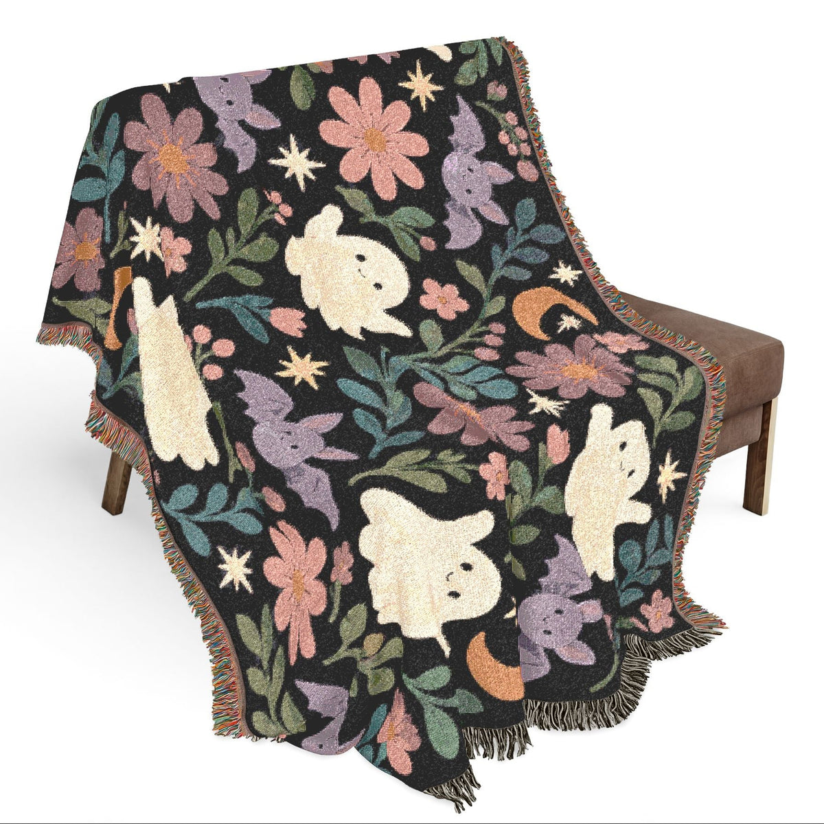 Spooky Ghosts and Floral Moon Woven Blanket
