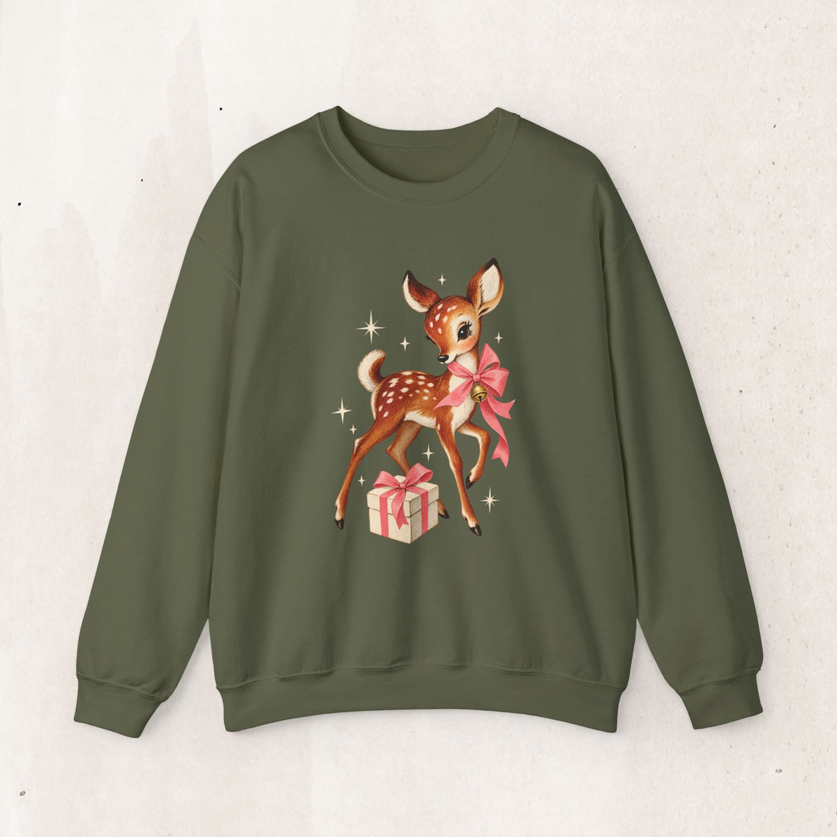 Christmas fawn with gifts woodland crewneck sweatshirt
