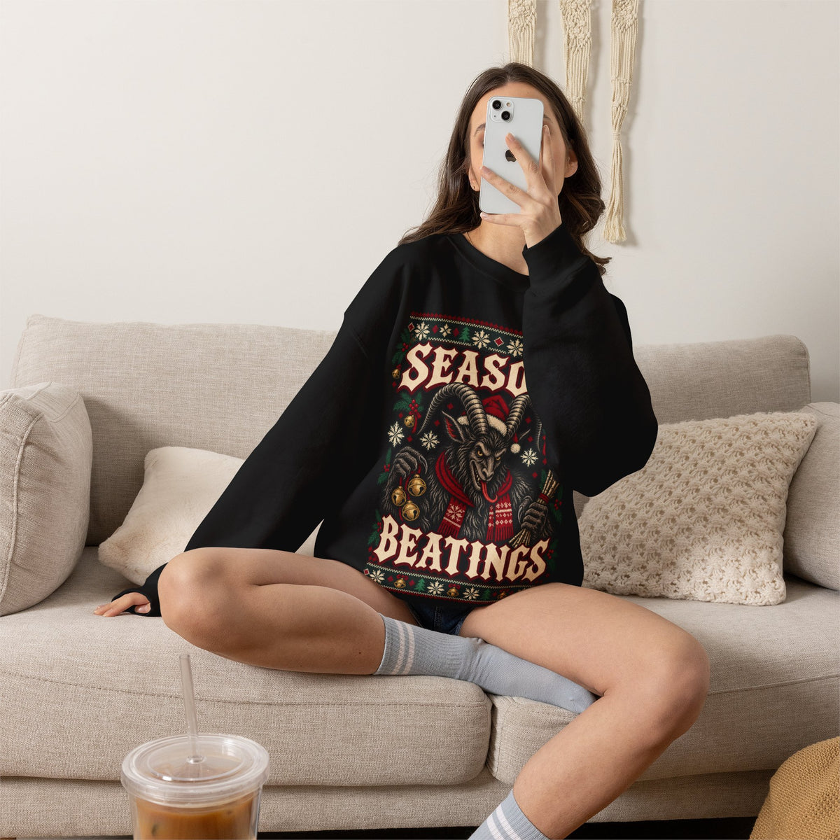 Seasons Beatings Krampus Ugly Christmas Sweatshirt in Red, alternate view