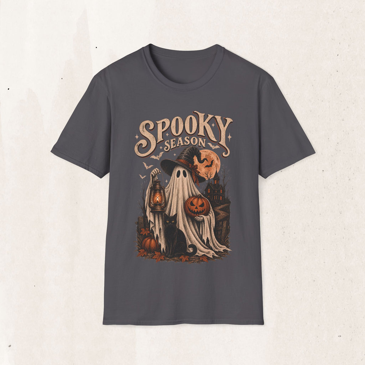 Spooky Season Graphic Tee – Vintage Ghost & Witch Hat Shirt – Charcoal