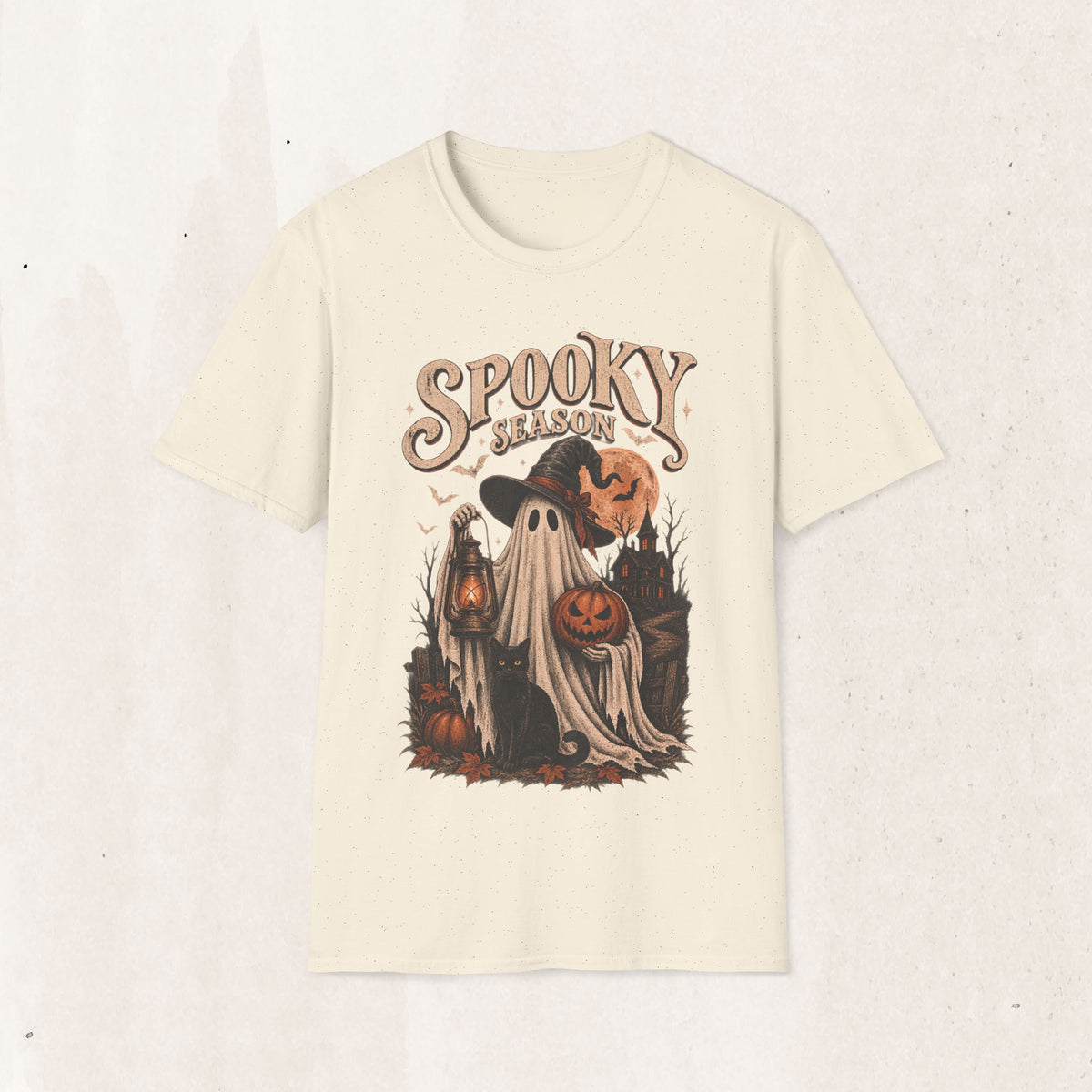 Spooky Season Graphic Tee – Vintage Ghost & Witch Hat Shirt – Natural