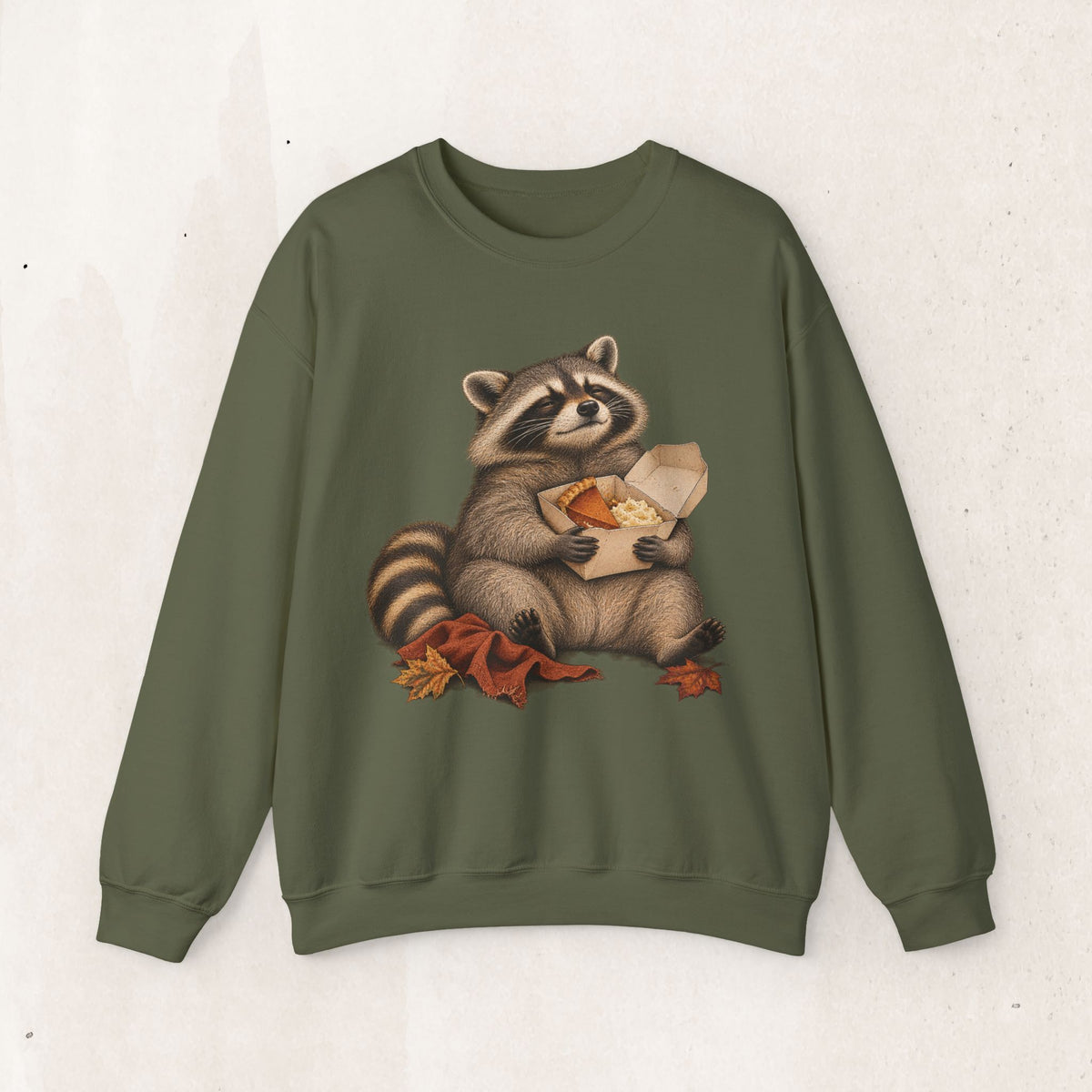 Cute raccoon fall crewneck sweatshirt with a vintage raccoon holding a mug in autumn leaves