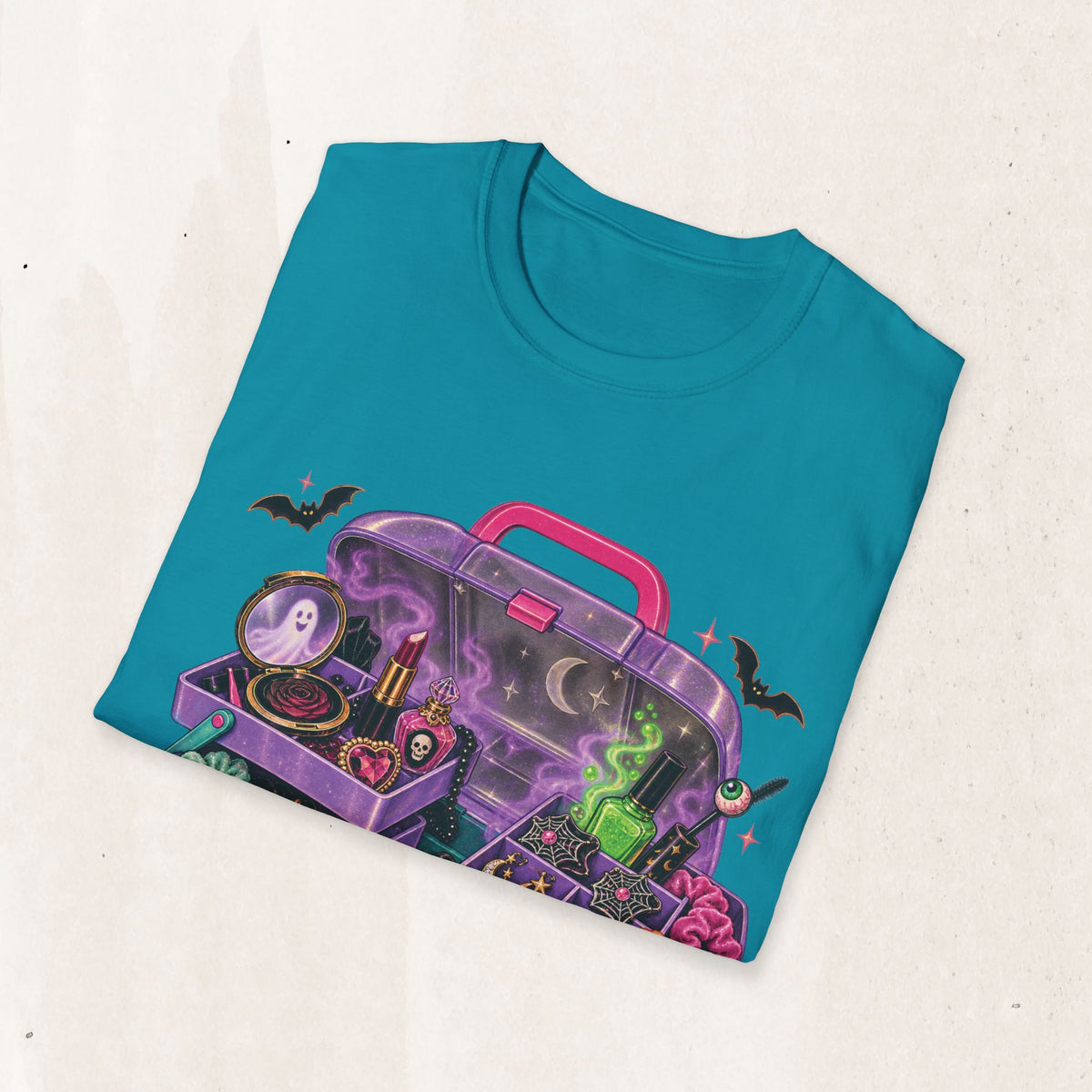 Witchy Makeup Case T‑Shirt — Spooky CABOODLE Kit Graphic Tee