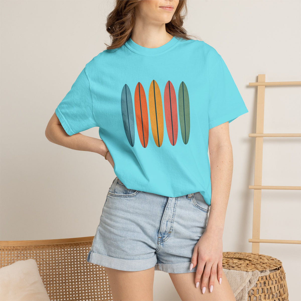 Surfboard Row Retro Beach Tee in Lagoon Blue, alternate view