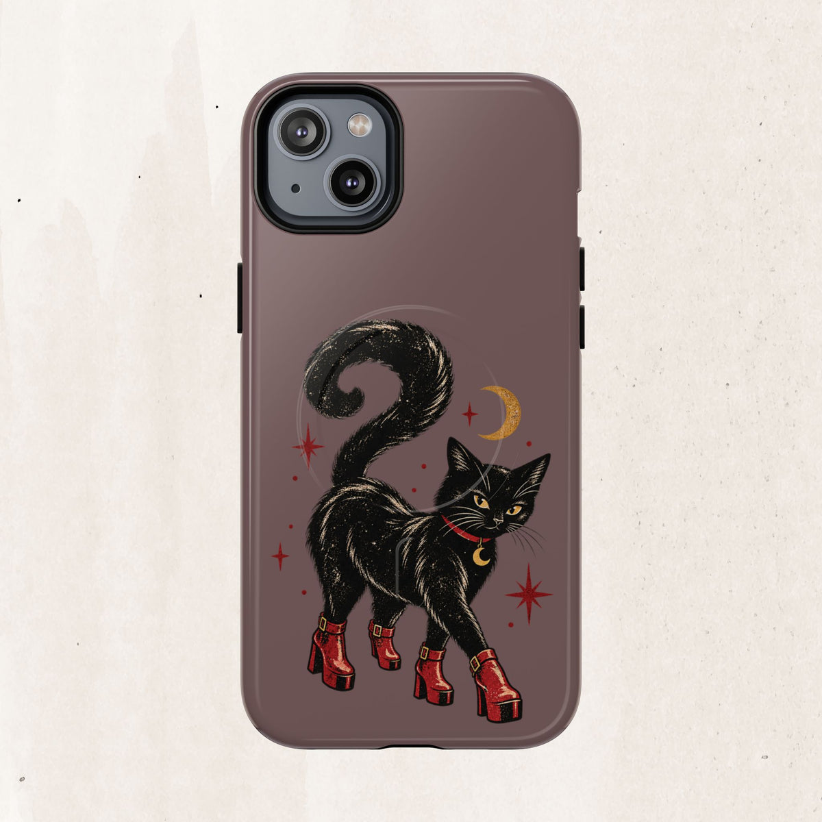Magnetic Phone Case — Black Cat in Red Boots Design