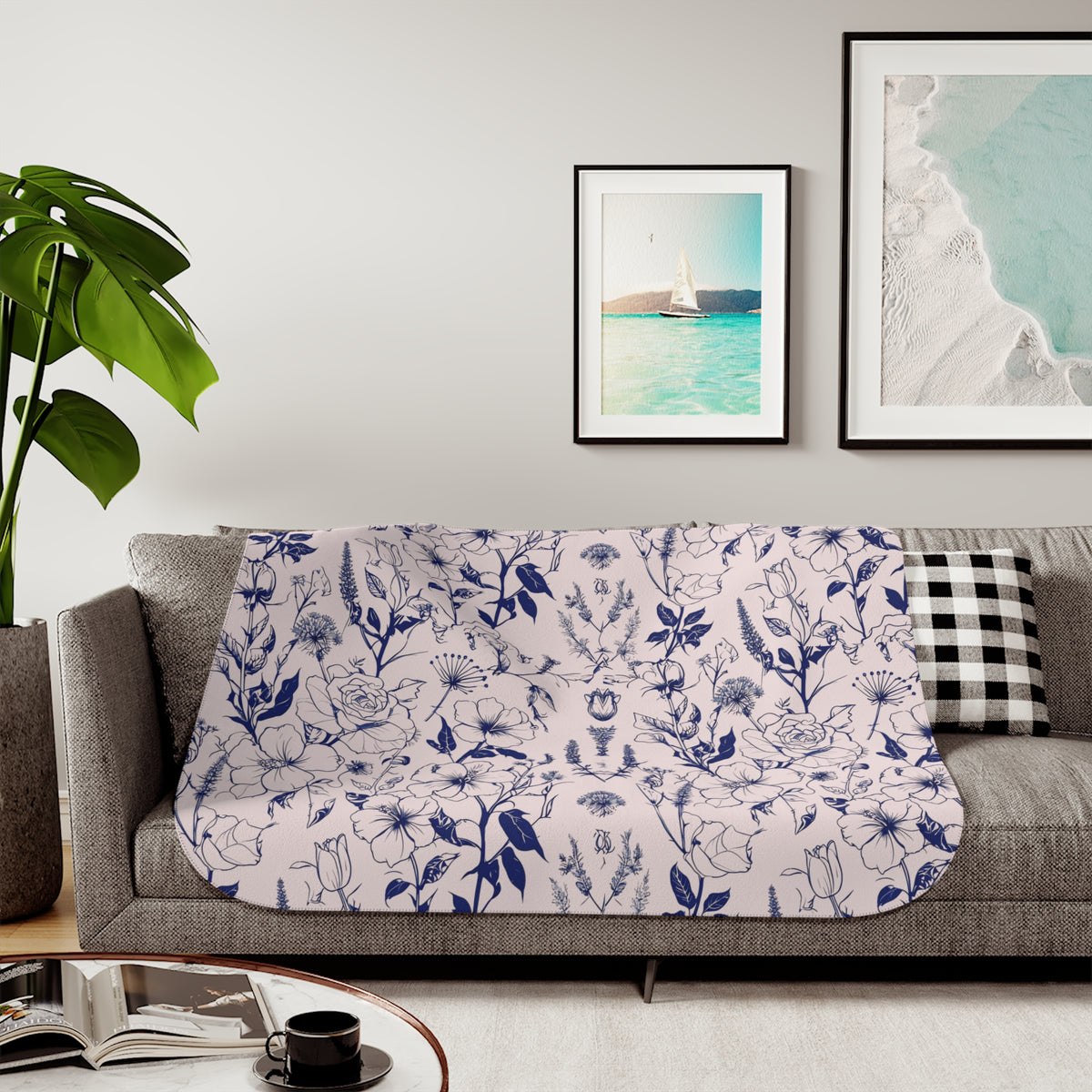 Navy Botanical Sherpa Blanket