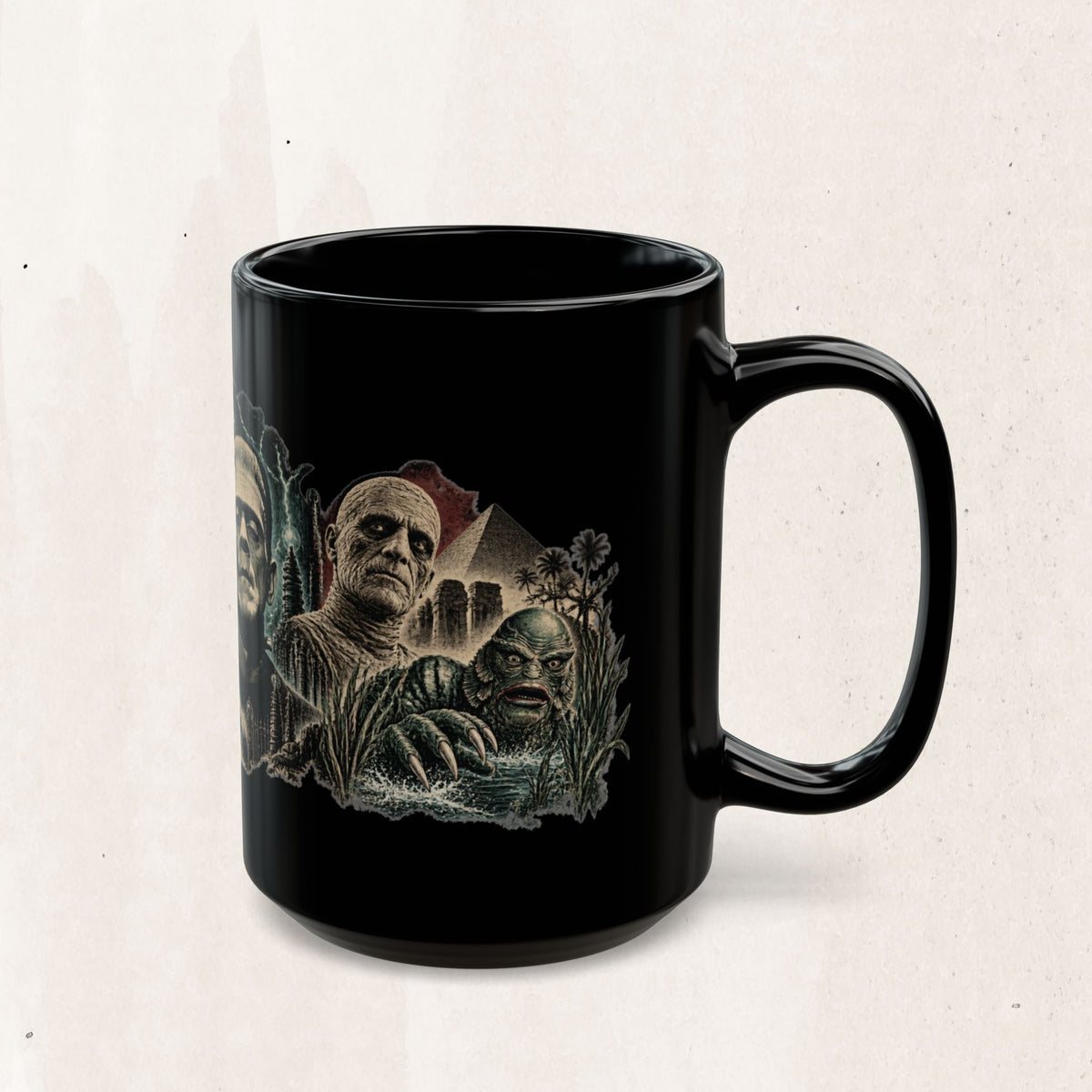 Horror Monsters Mug — Classic Universal Monsters Black Coffee Cup (11oz/15oz)