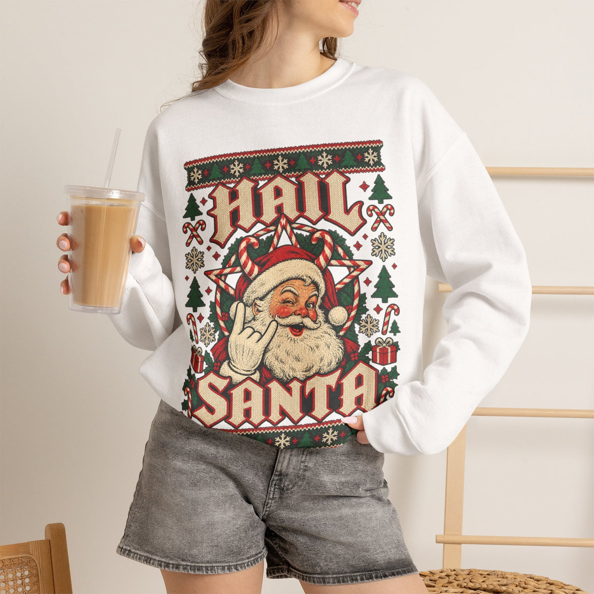 Hail Santa Ugly Christmas Sweater Sweatshirt in Red, alternate view