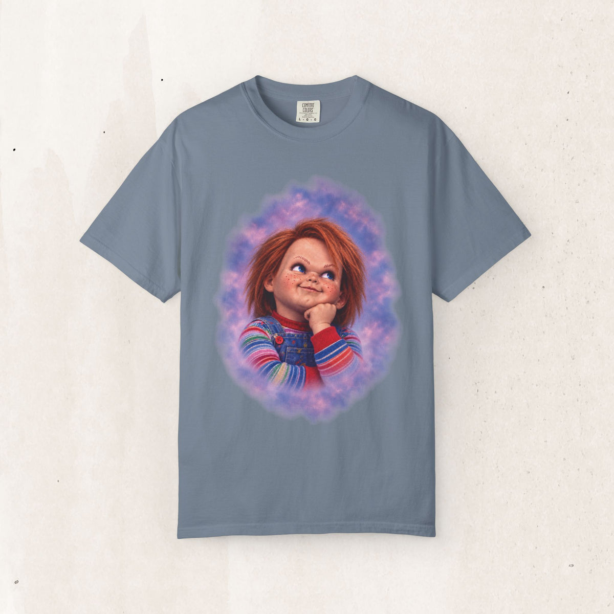 Chucky 80s Portrait Tee – Retro Horror Glamour Shot Shirt – Blue Jean