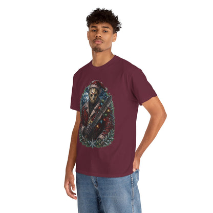 Horror Christmas Tee — Jason Holiday Killer Mask with Festive Machete
