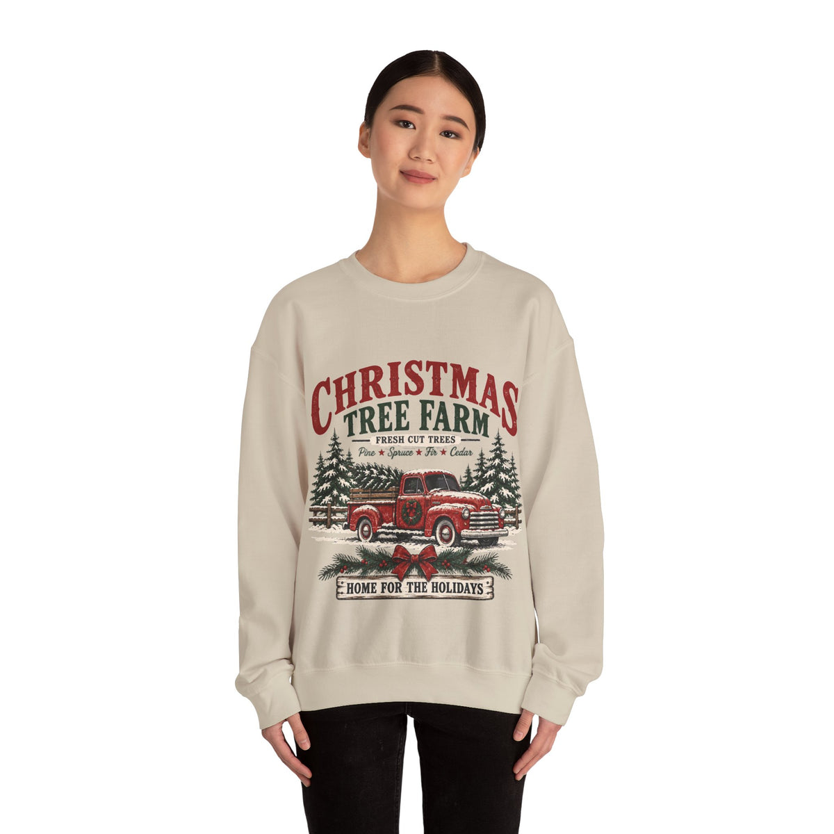Christmas Tree Farm Home for the Holidays Sweatshirt, Vintage Red Truck Christmas Crewneck