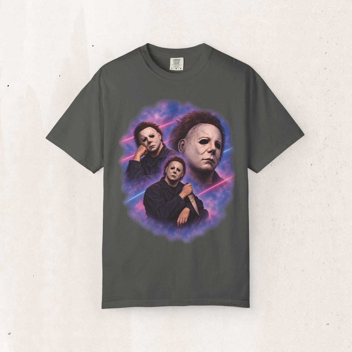 Michael Myers 80s Portrait Tee – Retro Purple Horror Graphic Shirt – Pepper