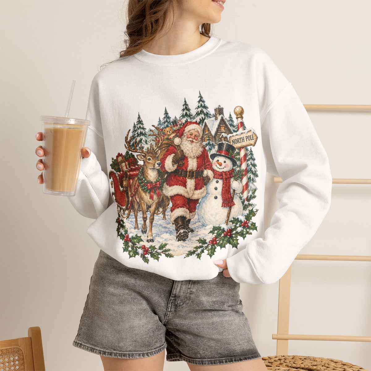 Vintage Santa and Snowman Christmas Sweatshirt, Retro Santa Claus Crewneck