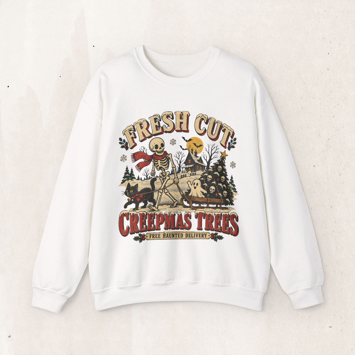 Fresh Cut Creepy Christmas Trees Halloween Sweatshirt, Skeleton Christmas Tree Crewneck