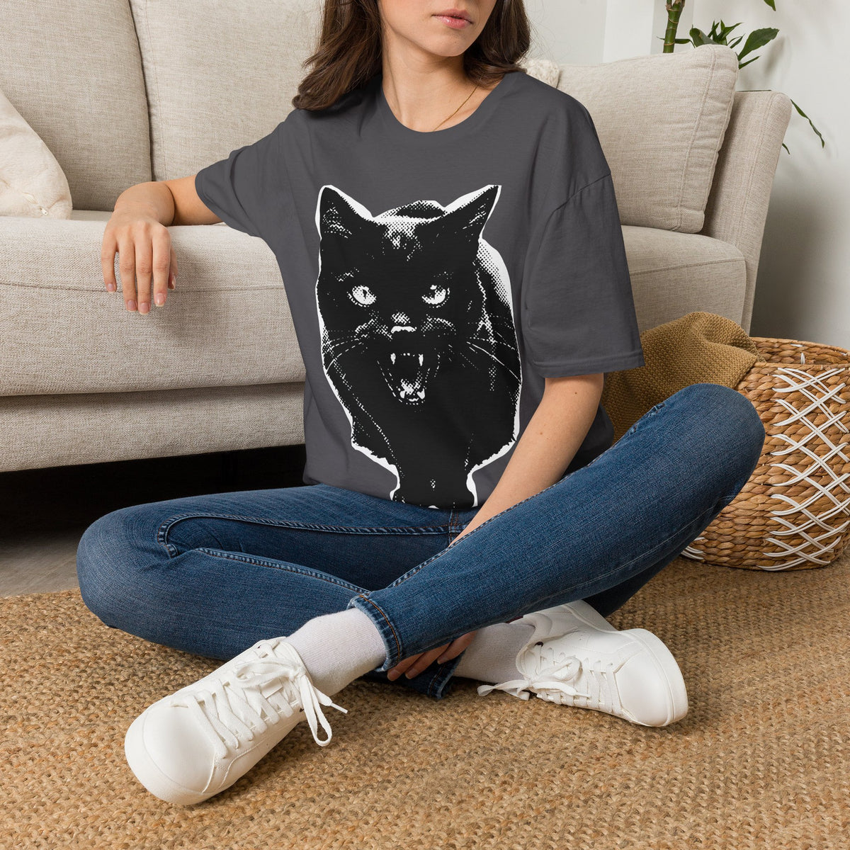Black Cat Graphic Tee in Charcoal, alternate view