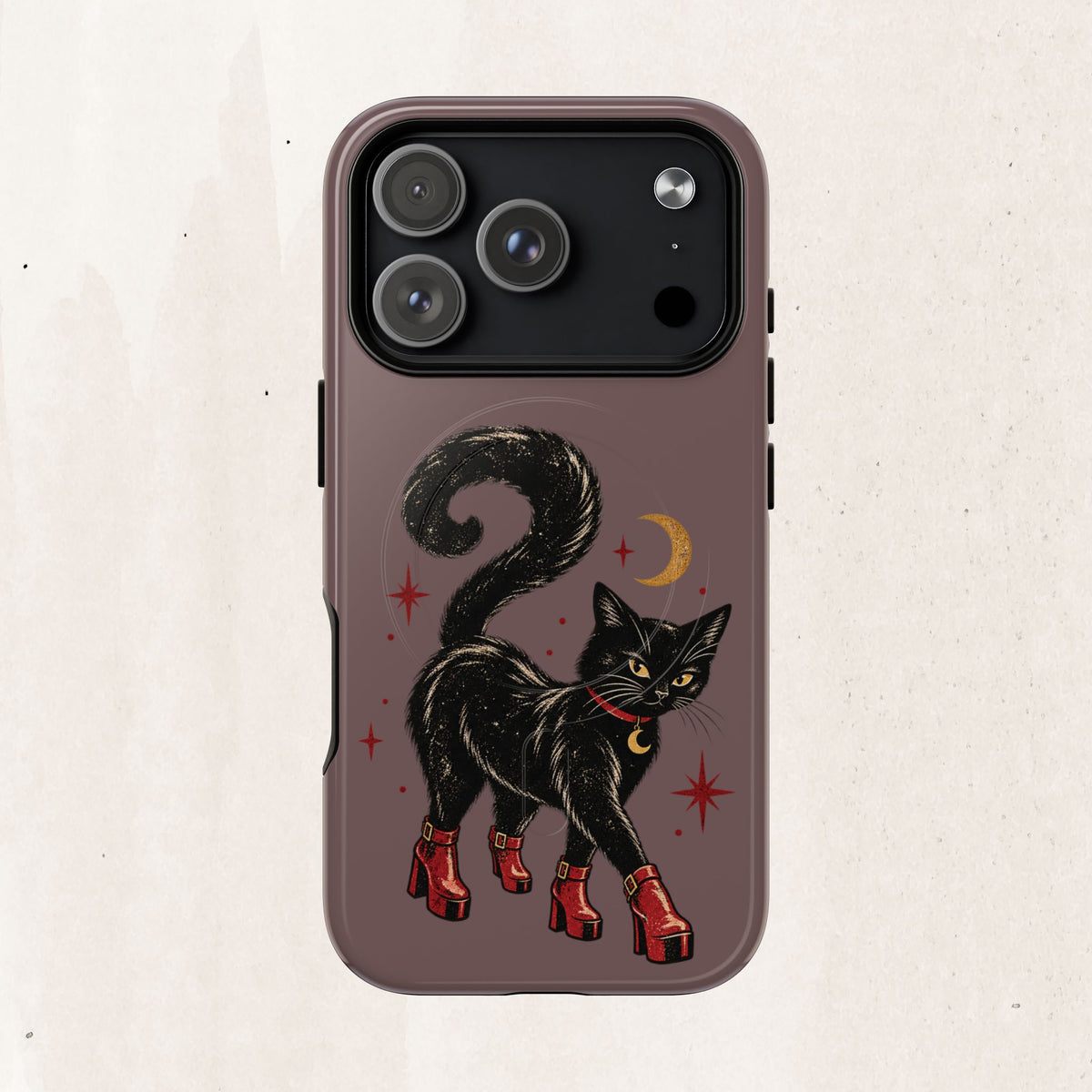 Magnetic Phone Case — Black Cat in Red Boots Design