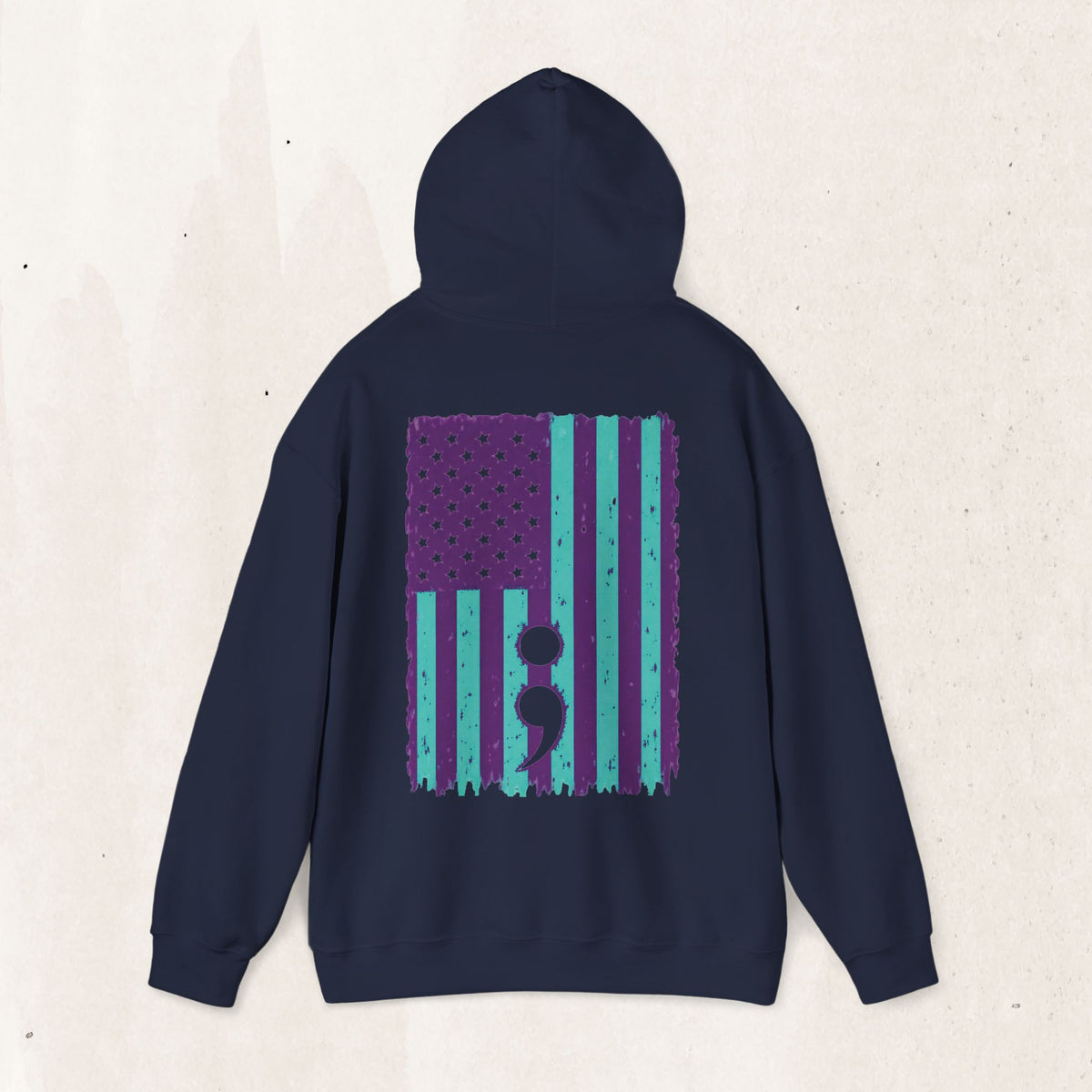 Purple and teal flag semicolon suicide awareness pullover hoodie in navy