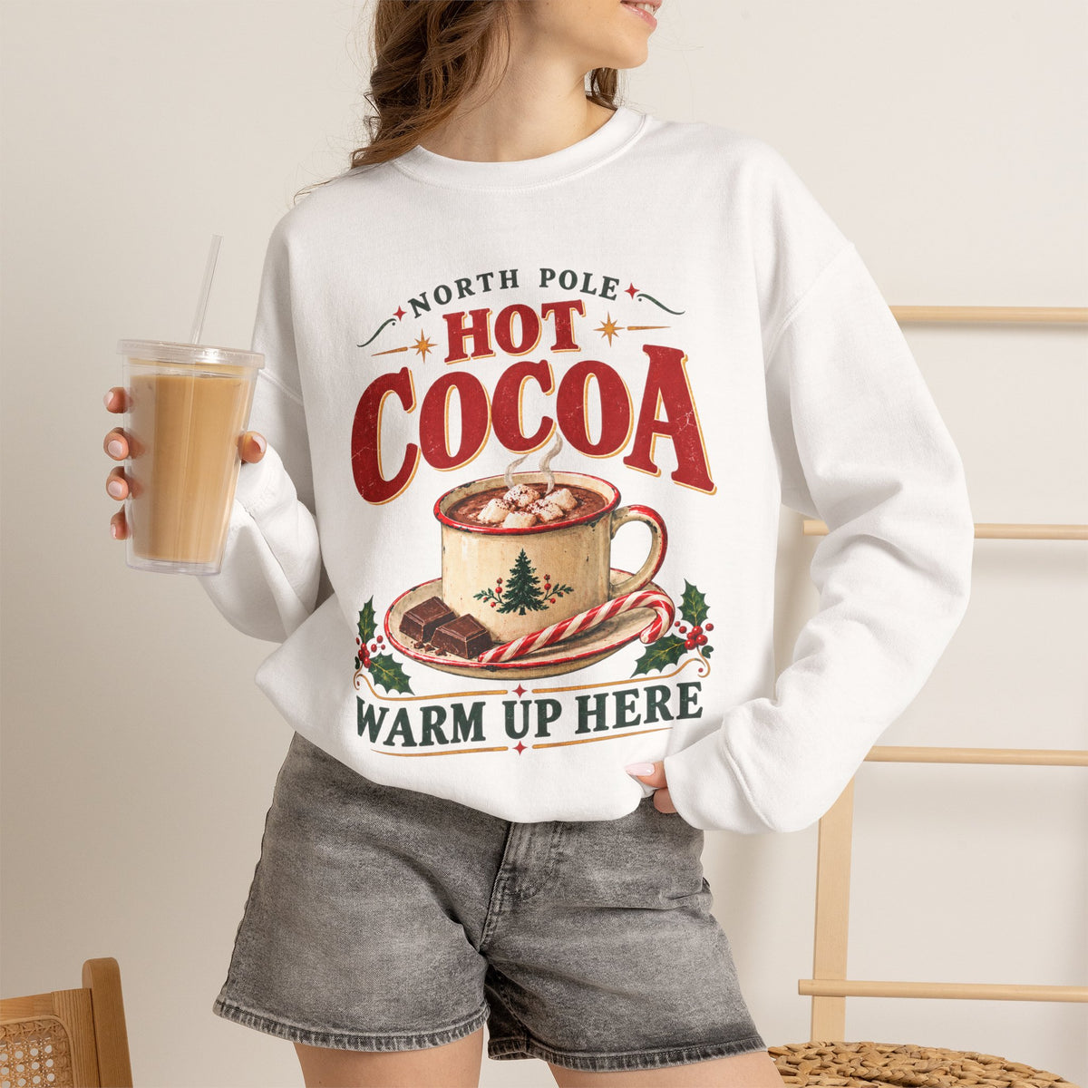 North Pole Hot Cocoa Warm Up Here Christmas sweatshirt