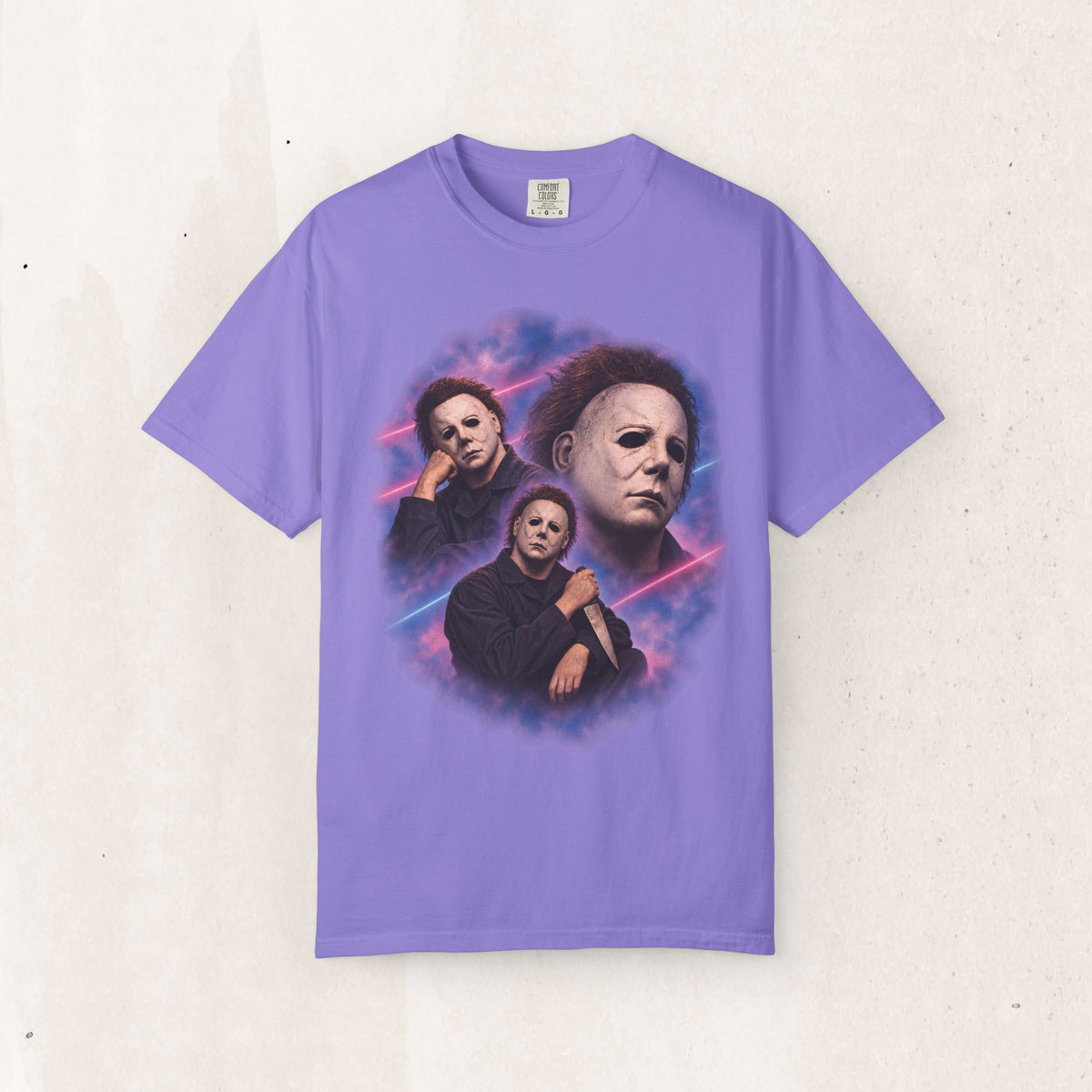 Michael Myers 80s Portrait Tee – Retro Purple Horror Graphic Shirt – Violet