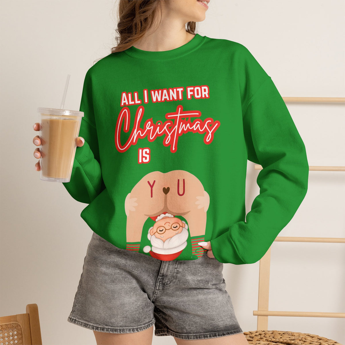 All I Want for Christmas Mrs. Claus Couples Sweatshirt in Irish Green, alternate view