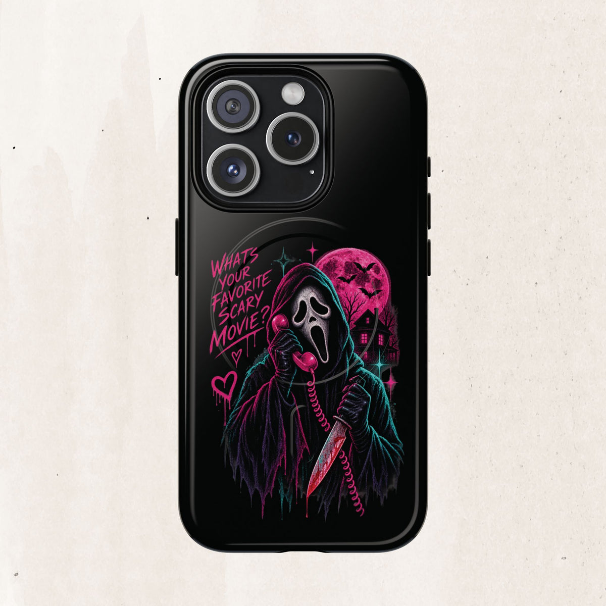Magnetic Phone Case — Neon 'What's Your Favorite Scary Movie?' Horror Design