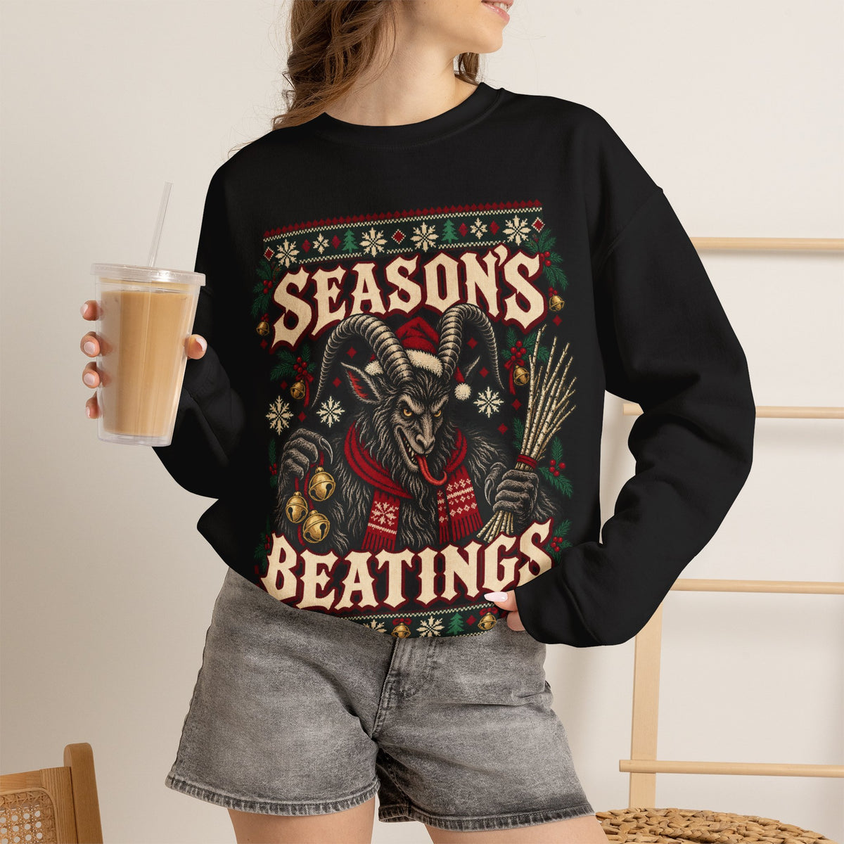 Seasons Beatings Krampus Ugly Christmas Sweatshirt in Red, alternate view
