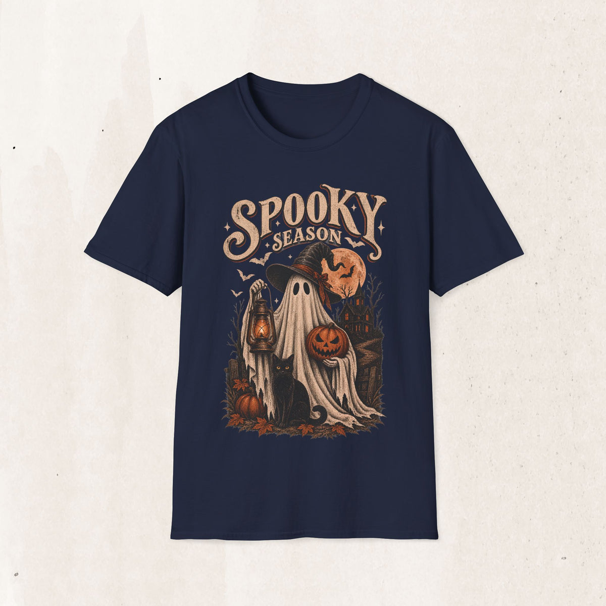 Spooky Season Graphic Tee – Vintage Ghost & Witch Hat Shirt – Navy