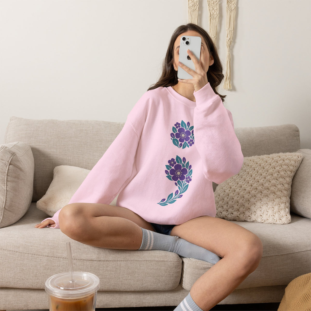 Floral semicolon suicide awareness crewneck sweatshirt in light pink