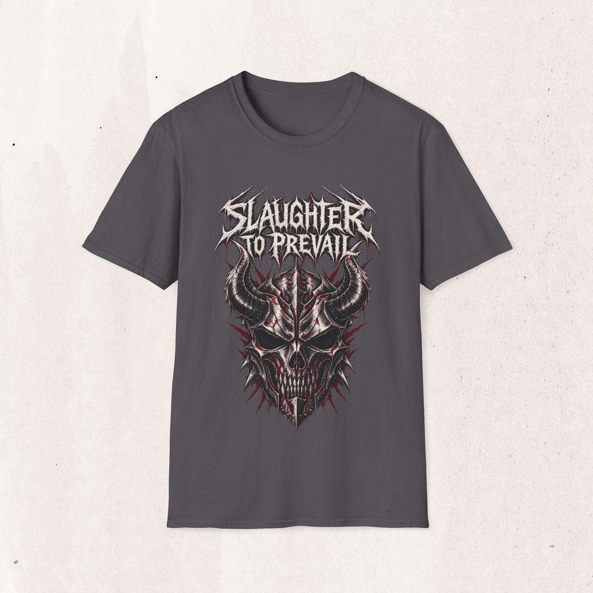 Slaughter To Prevail Distressed Band Tee – Horned Skull Metal Shirt – Charcoal
