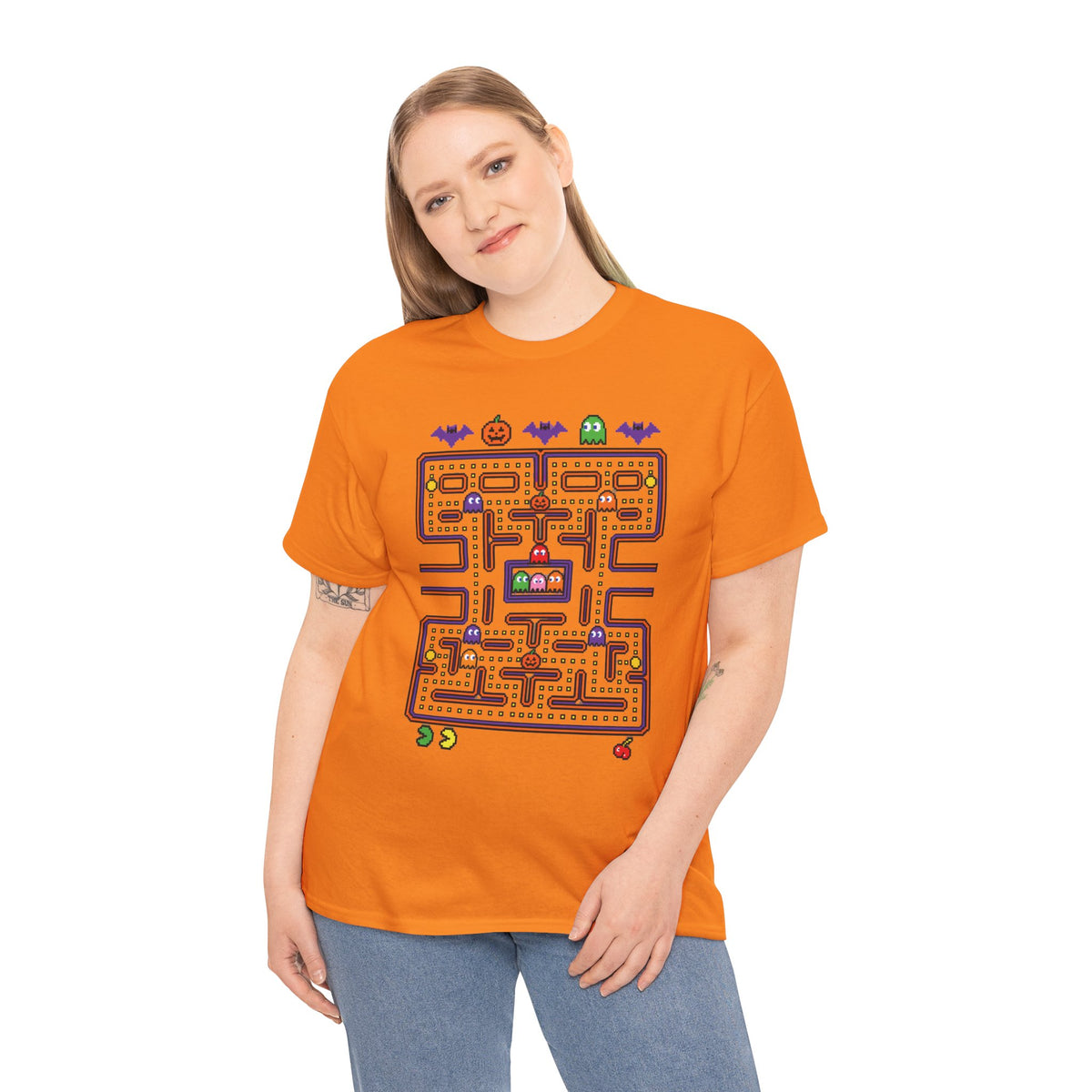 Halloween Pac-Man Graphic Tee in Safety Orange, alternate view