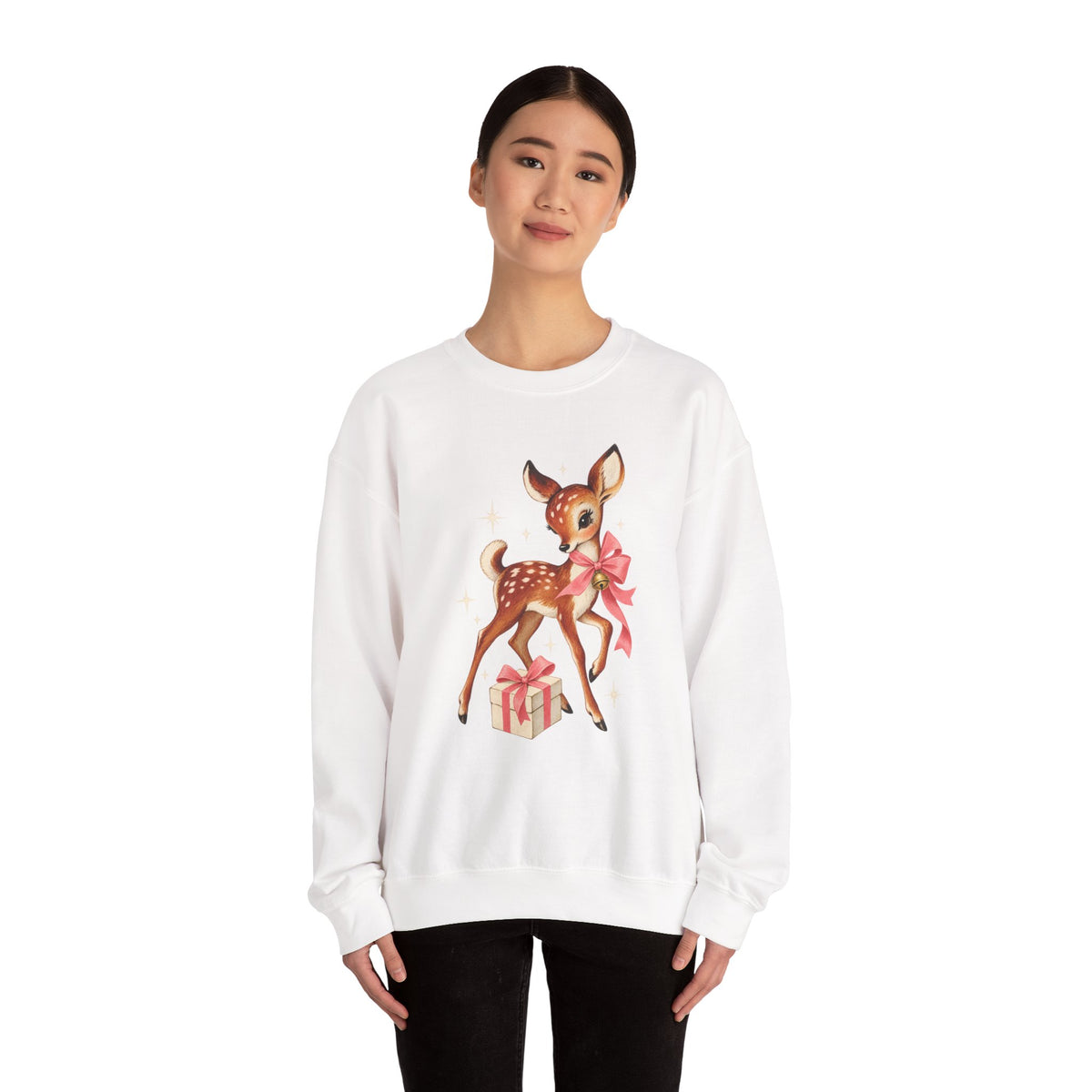 Christmas fawn with gifts woodland crewneck sweatshirt