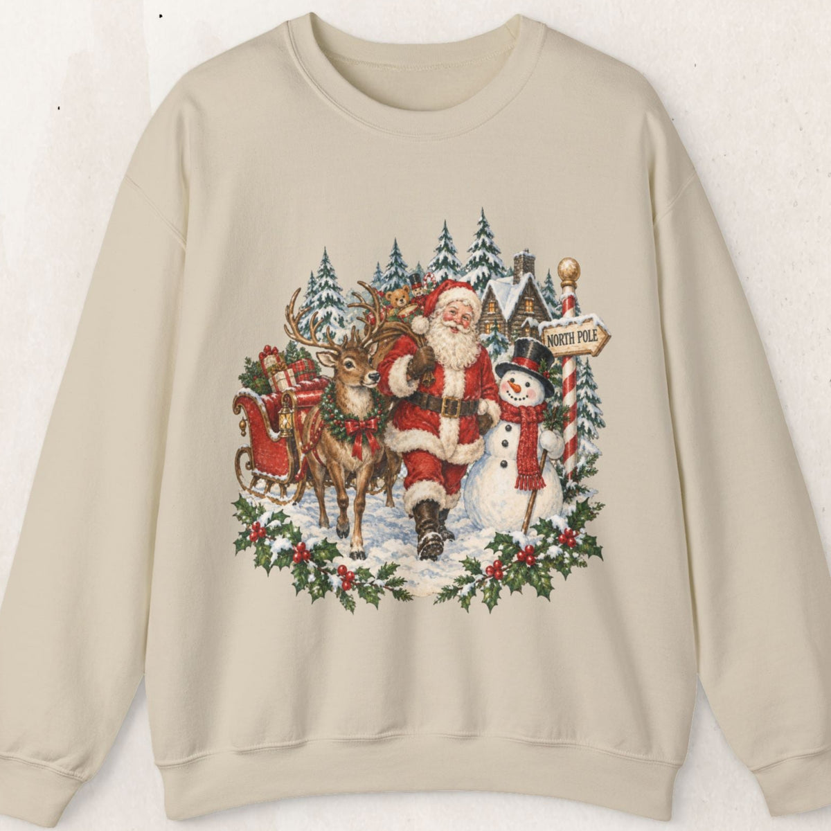 Santa and snowman vintage woodland Christmas sweatshirt by Wicked Thread Society