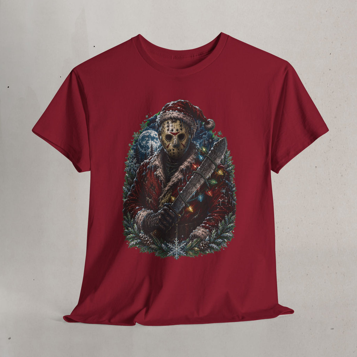 Horror Christmas Tee — Jason Holiday Killer Mask with Festive Machete