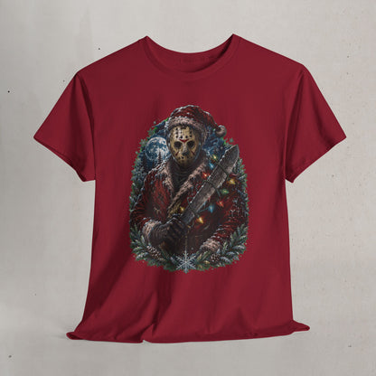 Horror Christmas Tee — Jason Holiday Killer Mask with Festive Machete