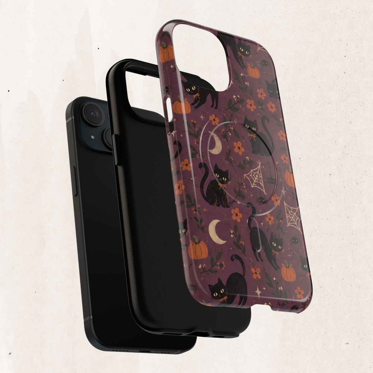 Halloween Black Cat Tough Magnetic Phone Case — Cute Spooky Pumpkins & Spiderwebs