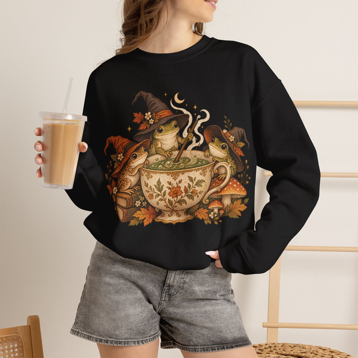 Cozy Witch Frog Tea Crewneck Sweatshirt