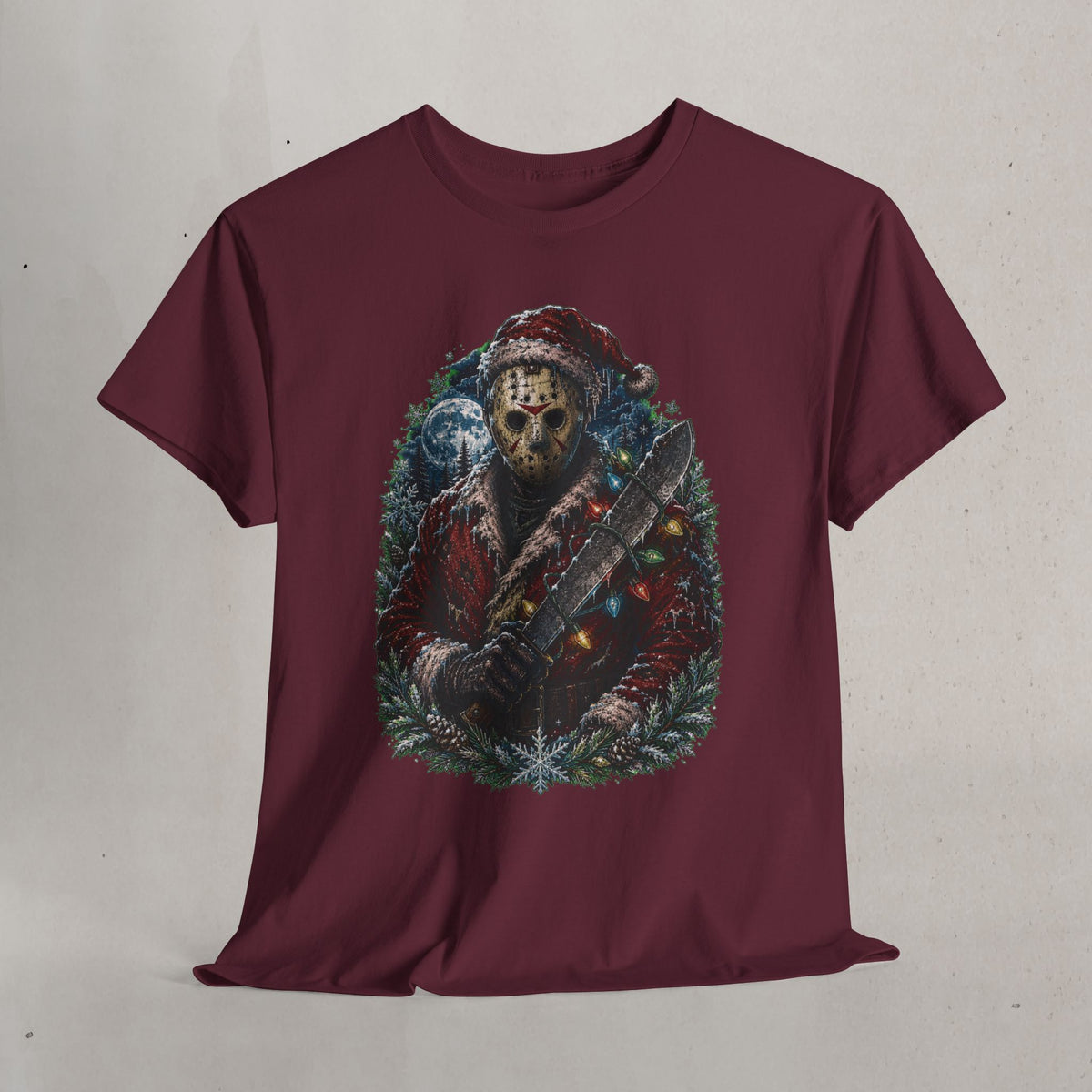 Horror Christmas Tee — Jason Holiday Killer Mask with Festive Machete