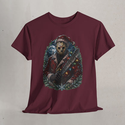 Horror Christmas Tee — Jason Holiday Killer Mask with Festive Machete