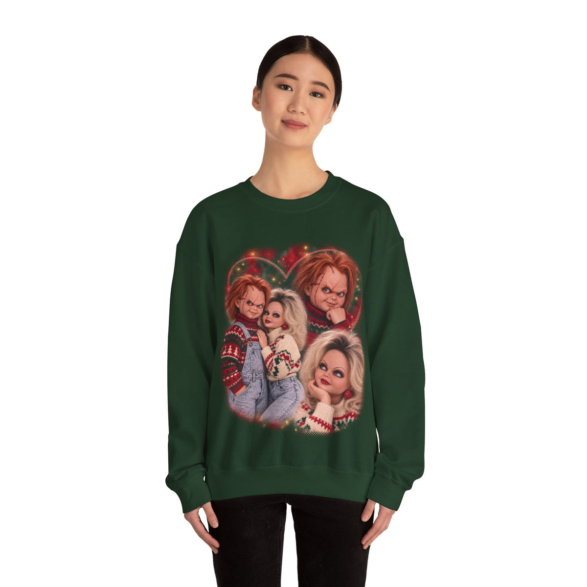Chucky and Tiffany 80s glamour portrait horror Christmas sweatshirt