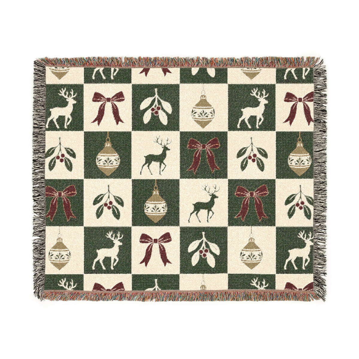 Holiday Reindeer & Ornaments Woven Blanket Printify