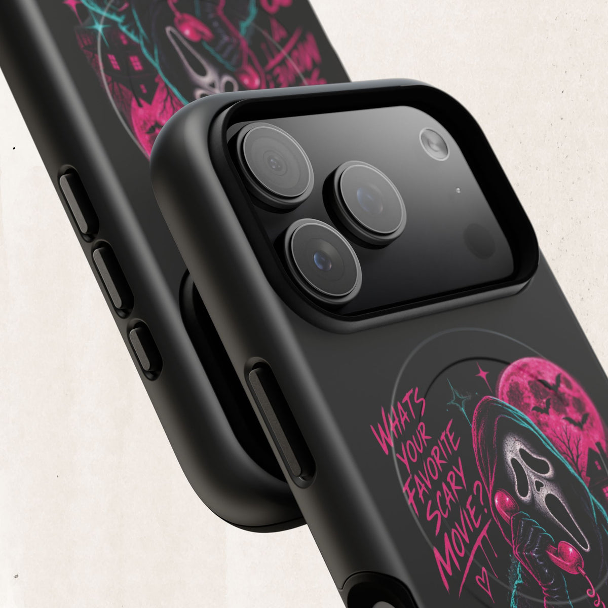 Magnetic Phone Case — Neon 'What's Your Favorite Scary Movie?' Horror Design