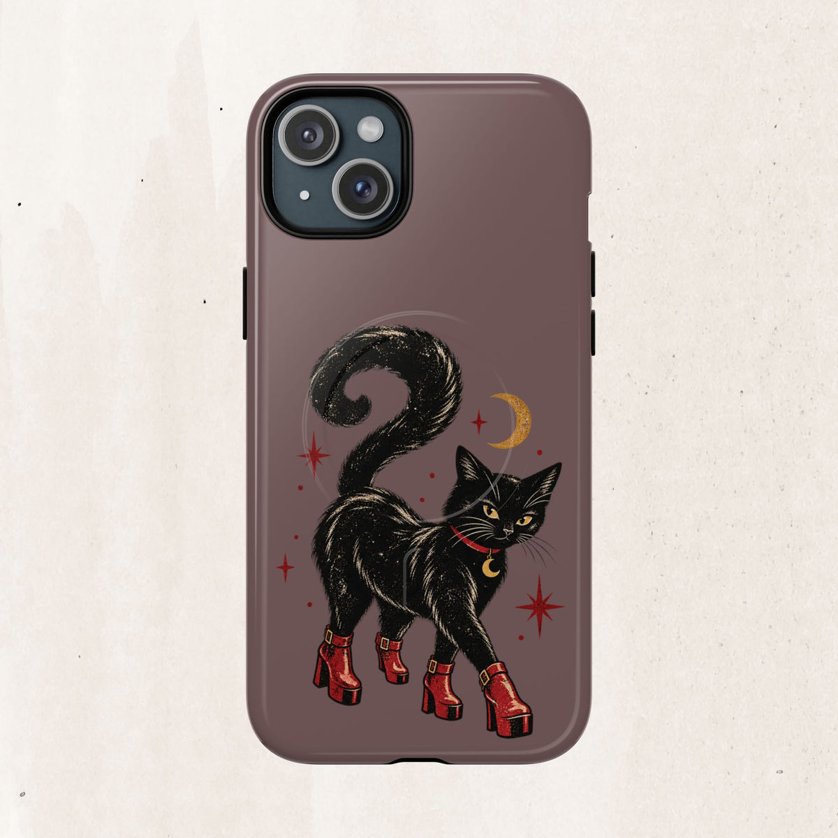 Magnetic Phone Case — Black Cat in Red Boots Design